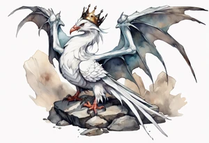 a white bird-wyvern hybrid, wearing a plain iron crown, perched on a stone tattoo idea