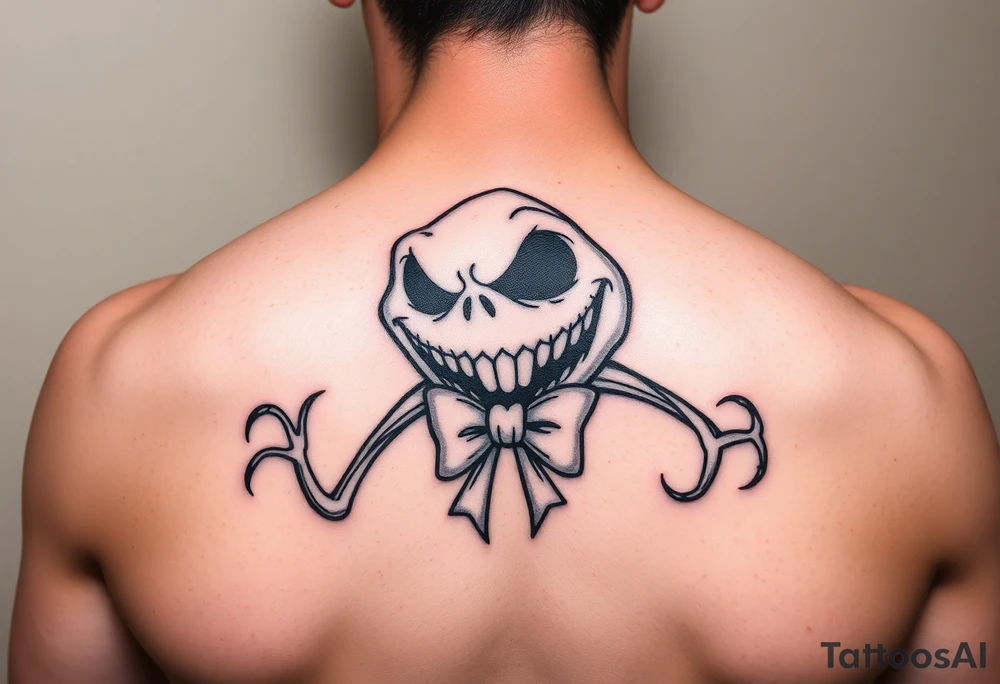 oogie boogie from nightmare before Christmas with a bow simple linework only tattoo idea