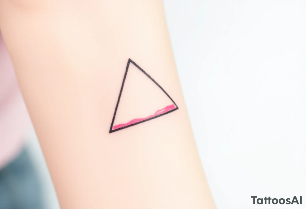 A watercoloured pink triangle (upsidedown), with very small black lining and upside down. Just the colour pink. No shapes. Just the colour pink filling the triangle and a small black outline tattoo idea