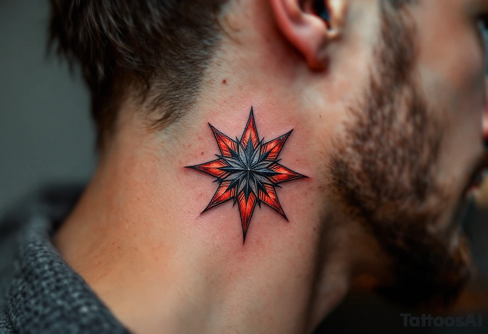 A red eight-pointed star tattoo conveys fiery passion and transformative strength. tattoo idea