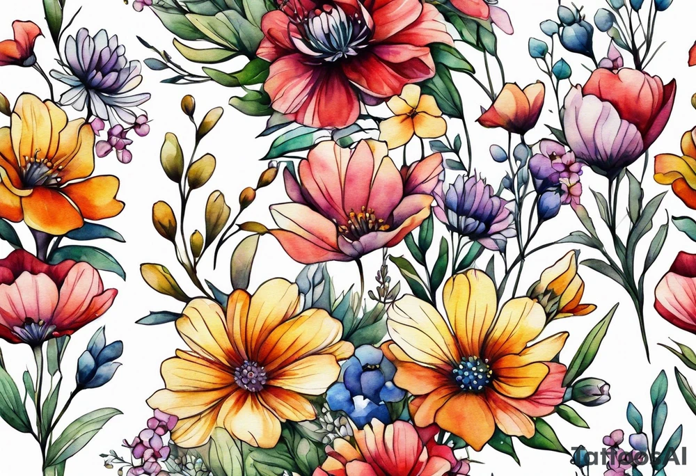 wild flowers long stems bouquet all watercolor tattoo idea