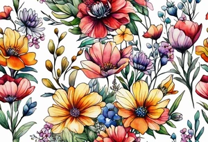wild flowers long stems bouquet all watercolor tattoo idea