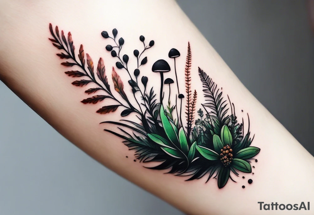 forest floor inspired minimalist tattoo, which includes grass, curly ferns, moss and dead leaves as the bulk of the tattoo. details to include: forest berries, a tiny bumblebee flying nearby, three small brown mushrooms
Generate a vertically long one tattoo idea