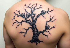 A haunted, twisted tree with ghostly faces in the branches, in deep black and grey tones, symbolizing the dark side of nature tattoo idea