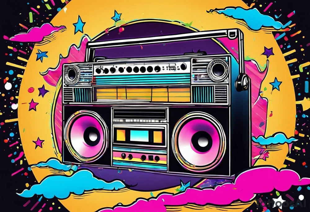 1980's style big boom box mith confetti, and music notes in the air, sound waves against miami vice style beach background, include sexy party goers tattoo idea