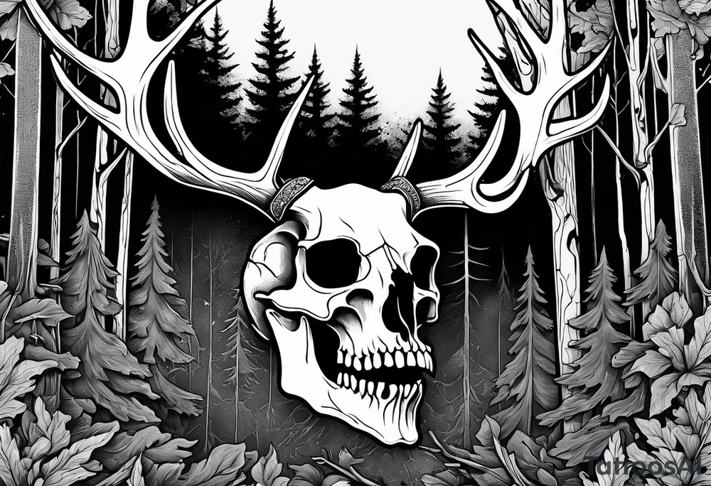 A side view of a frightening horror DECAYING deer skull JUST BONE surrounded by a forest fire in background tattoo idea