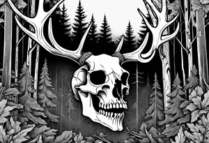 A side view of a frightening horror DECAYING deer skull JUST BONE surrounded by a forest fire in background tattoo idea