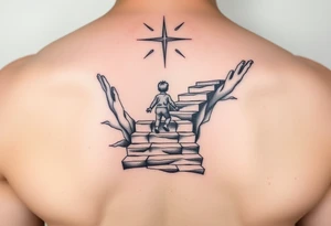 tattoo of a stairway to heaven with a little boy about to take the first step tattoo idea