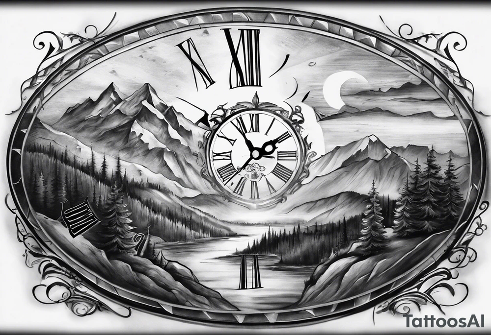 Half sleeve. View from the base of the mountains looking up to the sun. The sun is a clock that reads 12:01 to signify a new day. I want a clock tower in the middle of the mountains with the times my two sons were born. This tattoo represents overcoming massive obstacles and becoming a better person. tattoo idea
