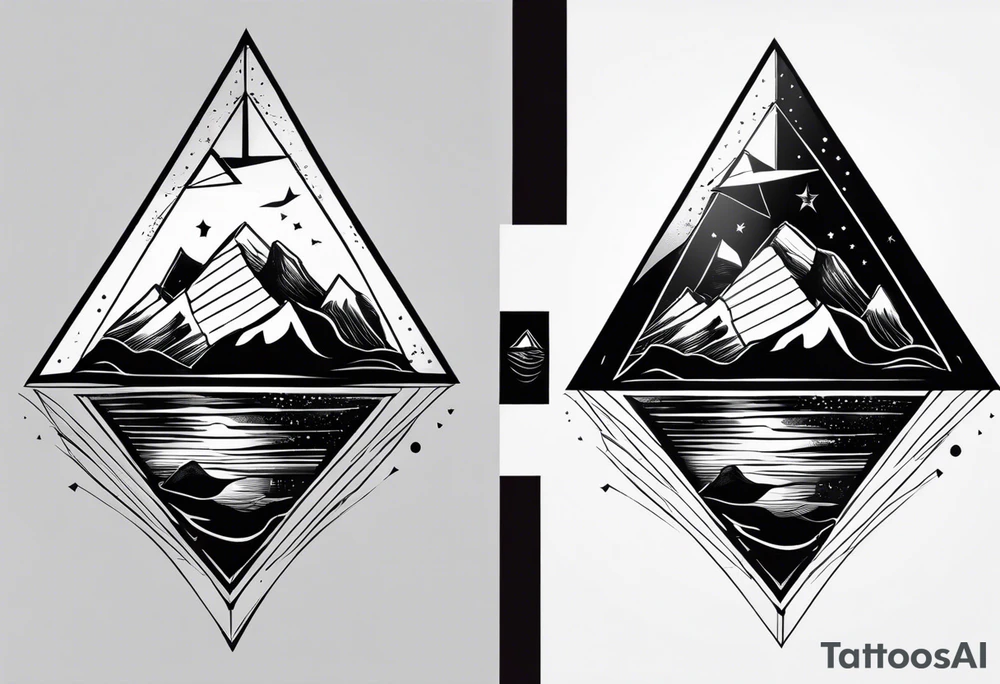 Two triangles, vertically mirroring each other. The top triangle has the a mountain landscape during the night and the Bottom one has beach sunset landscape. tattoo idea