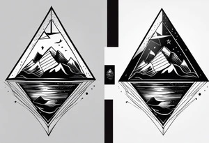 Two triangles, vertically mirroring each other. The top triangle has the a mountain landscape during the night and the Bottom one has beach sunset landscape. tattoo idea