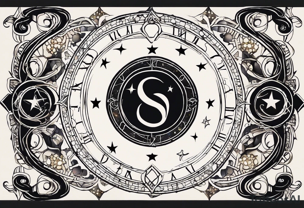 Matter, energy, space and time with an old stone theta symbol with stars in the background and Scorpio constellation tattoo idea