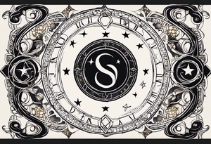Matter, energy, space and time with an old stone theta symbol with stars in the background and Scorpio constellation tattoo idea