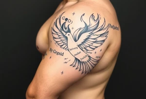 White dove of fire with the names of God and the Characteristics of the Holy Spirit in English tattoo idea
