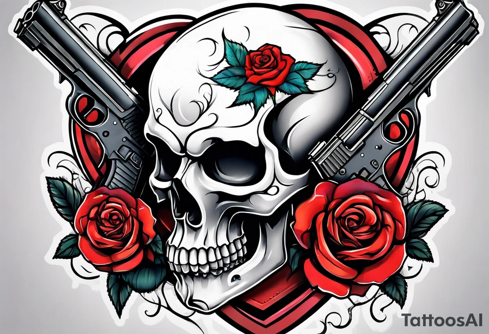 skull with a gun a  rose and a heart tattoo idea