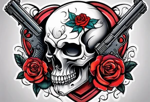 skull with a gun a  rose and a heart tattoo idea