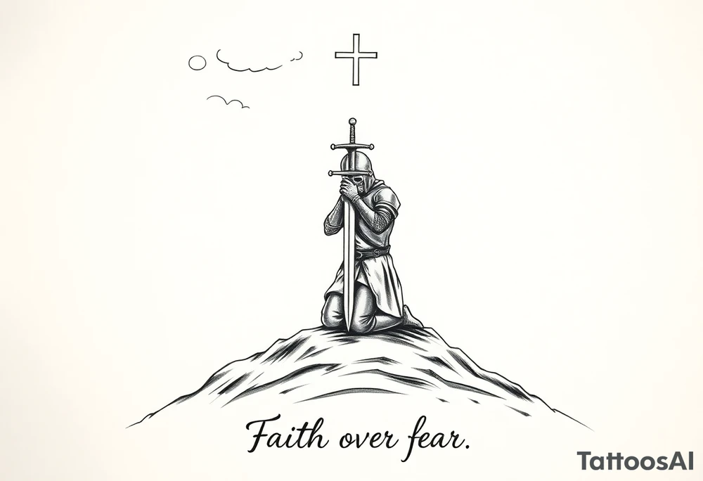 A croisades knight kneels in prayer, atop a hill, The hill is surrounded by a shadowy suggestion of a recent battle with demons.  above him the clouds part, light shining down on him like a spotlight, guiding from above.  His head bowed, sword held to his chest, hilt up, to form a cross.  Below the image a simple and tasteful hand written caption reads "Faith over fear" tattoo idea