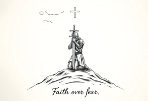 A croisades knight kneels in prayer, atop a hill, The hill is surrounded by a shadowy suggestion of a recent battle with demons.  above him the clouds part, light shining down on him like a spotlight, guiding from above.  His head bowed, sword held to his chest, hilt up, to form a cross.  Below the image a simple and tasteful hand written caption reads "Faith over fear" tattoo idea