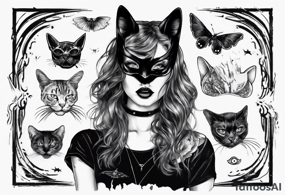 the face of a girl in a black cat mask who licks the plane with her tongue tattoo idea