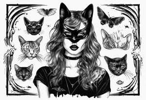 the face of a girl in a black cat mask who licks the plane with her tongue tattoo idea