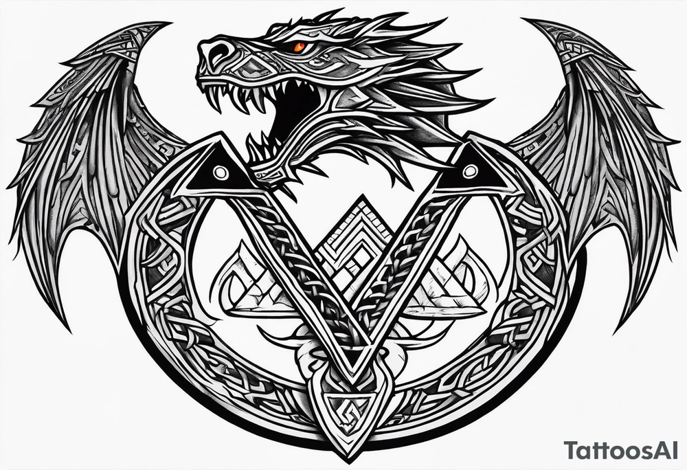 Valhalla sword shield dragon axe Valknut tattoo idea