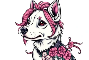 goth hot puppy girl with big boobs and pink hair full body half human half dog tattoo idea