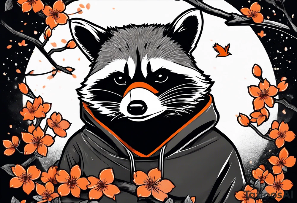 Raccoon wearing a white Superman logo on a black hoodie and orange Japanese cherry blossoms beside tattoo idea