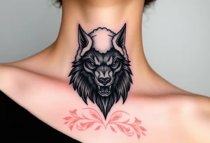 Big bad wolf nursery rhyme wearing a sheep costume with sheep head hood to kill and eat the three little pigs and little red riding hood tattoo idea