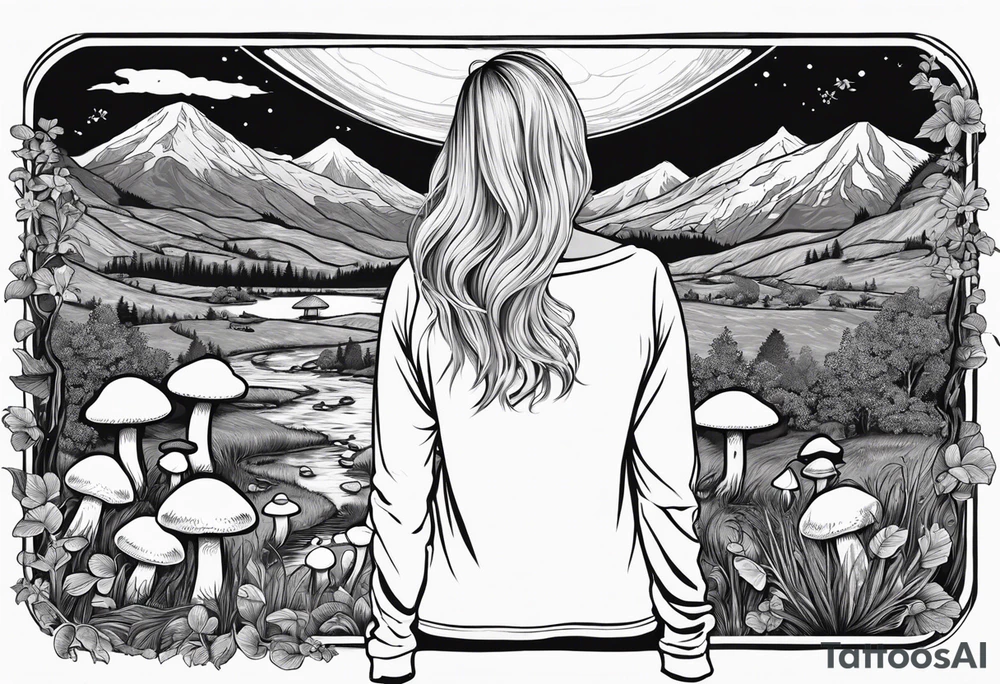 Whole picture encircled fully

Straight long blonde hair hippie girl in distance holding mushrooms in hand facing away toward mountains and creek surrounded by mushrooms long sleeve shirt and hiking pants; whole rendering within a full circle, no cut off circle tattoo idea