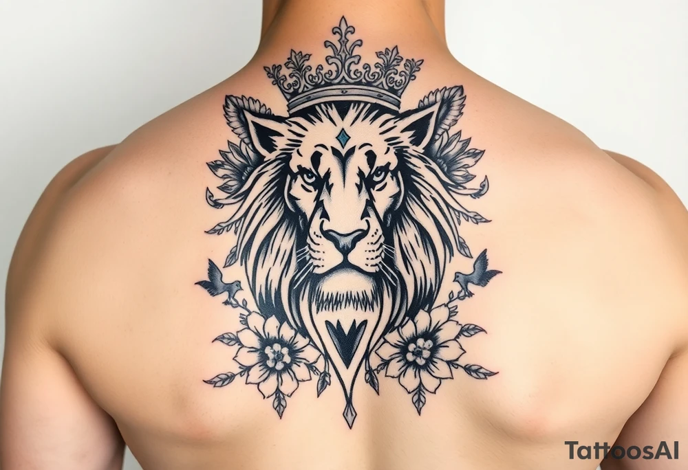 powerful majestic lion with a crown, surrounded by floral ornaments and birds tattoo idea