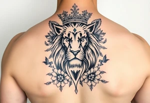powerful majestic lion with a crown, surrounded by floral ornaments and birds tattoo idea