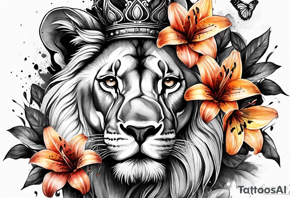 African lion lilies butterflies crown tattoo idea