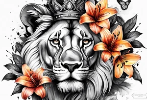 African lion lilies butterflies crown tattoo idea