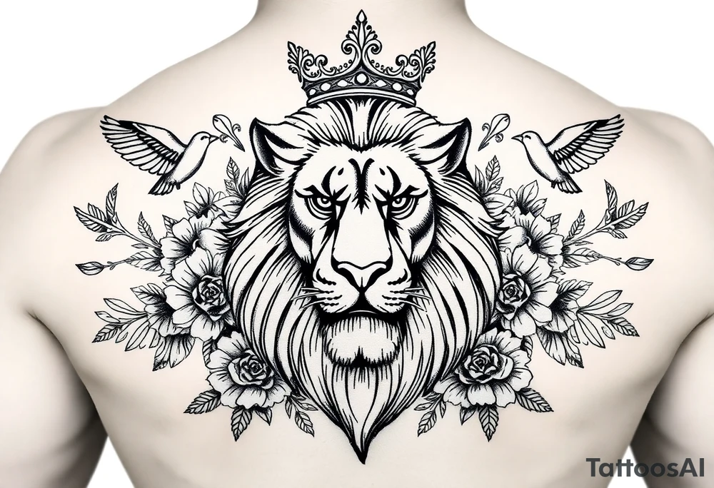 powerful majestic lion with a crown, surrounded by floral ornaments and birds tattoo idea