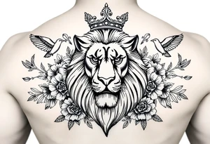 powerful majestic lion with a crown, surrounded by floral ornaments and birds tattoo idea