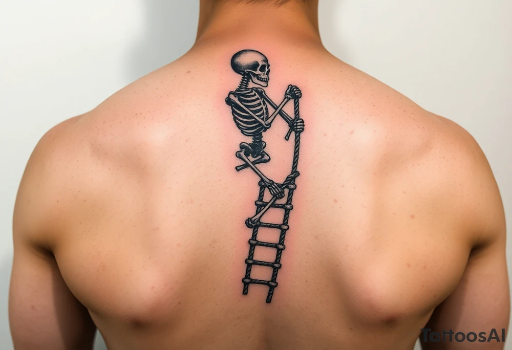 skeleton clibing up a rope ladder on forearm tattoo idea