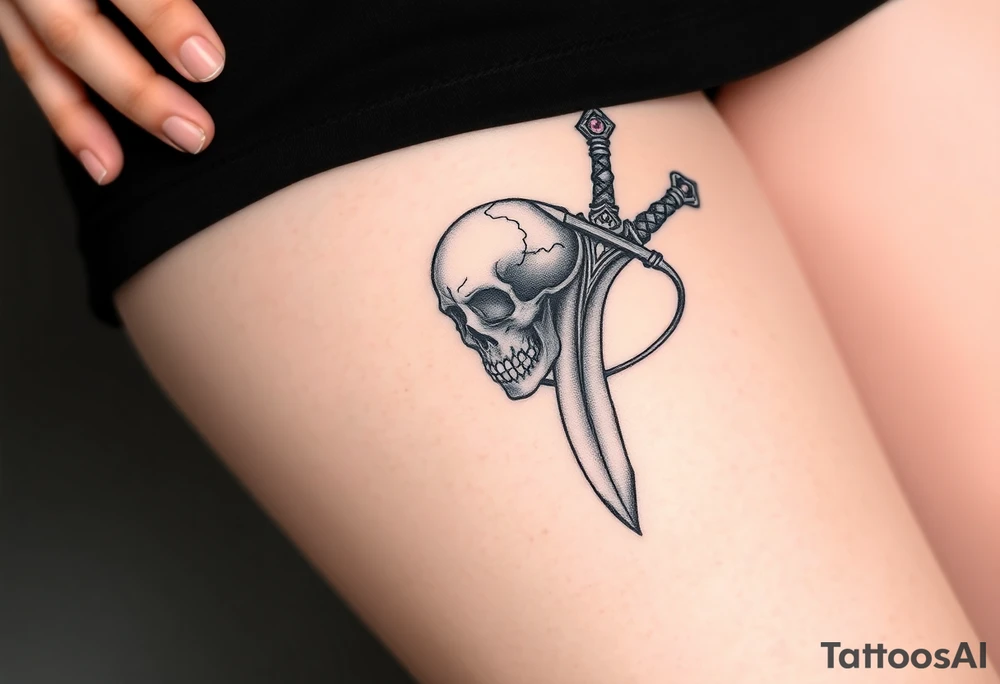 mystical skull coiled around an ancient dagger with jeweled hilt tattoo idea