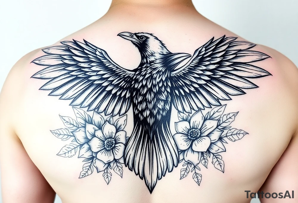 A raven with outstretched wings, surrounded by flowers and crystals tattoo idea