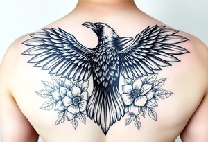 A raven with outstretched wings, surrounded by flowers and crystals tattoo idea