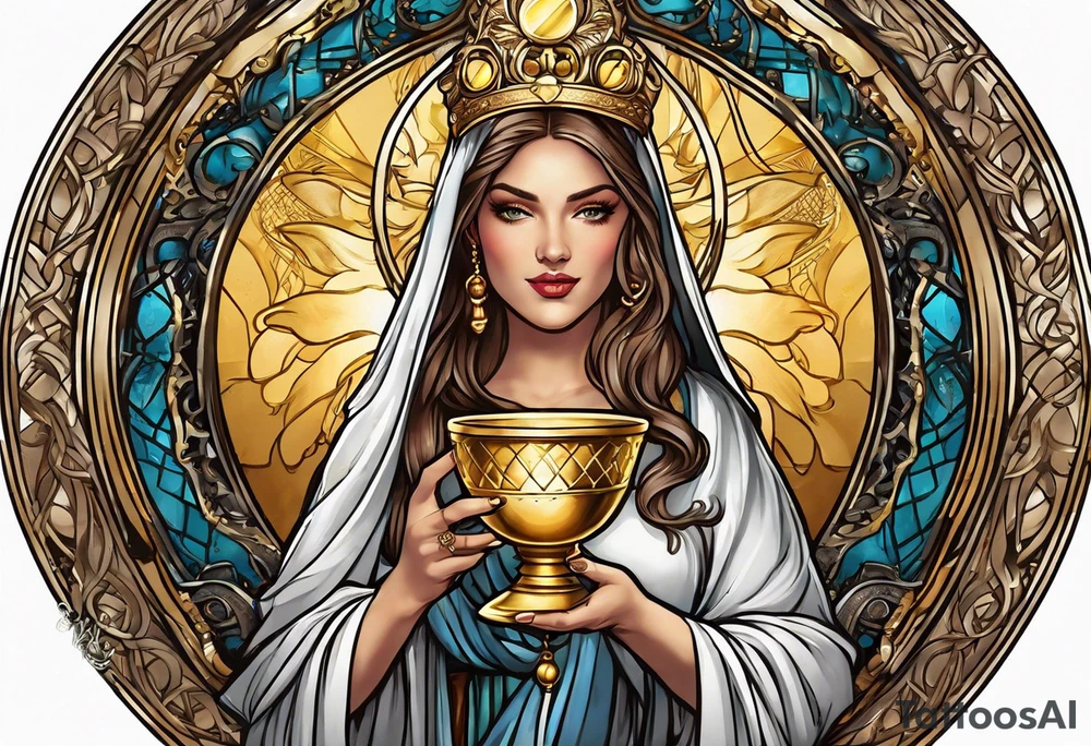 woman saint holding chalice surrounded by golden halo tattoo idea