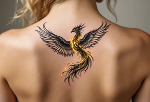 magnificent phoenix rising from golden flames with trailing embers tattoo idea