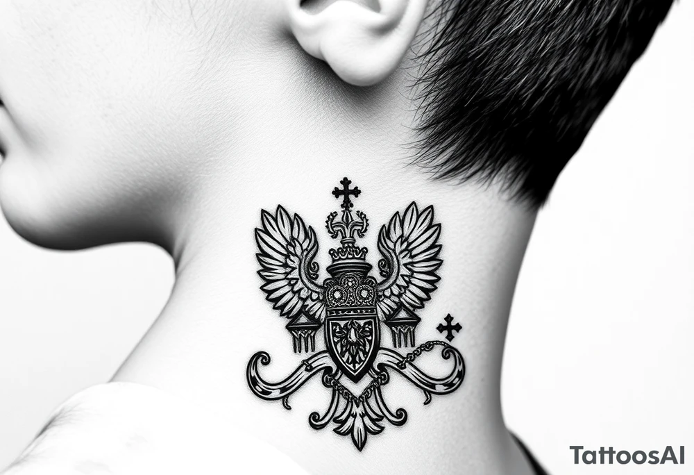 russian coat arms in a russian christian orthodox style virgin mary & orthodox dome church on the side of the neck tattoo idea
