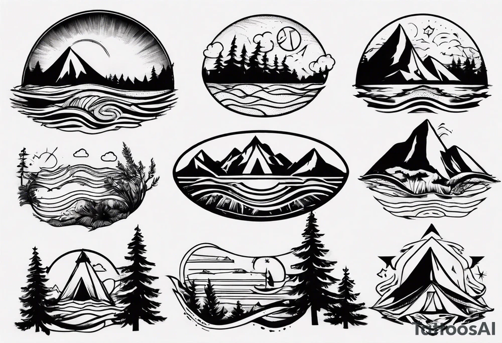 mountains, beach, waves, sunset, camping, trees tattoo idea mountains, beach, waves, sunset, camping, trees tattoo idea