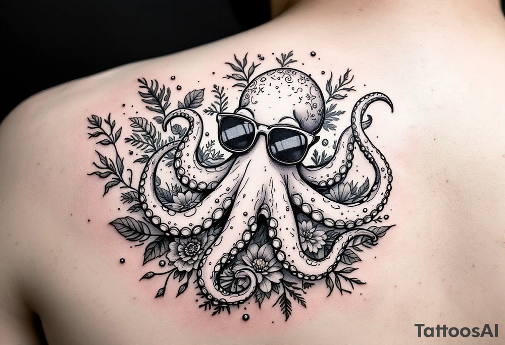 cute octopus, surrounded by floral ornaments and oceanic items, wearing sunglasses tattoo idea