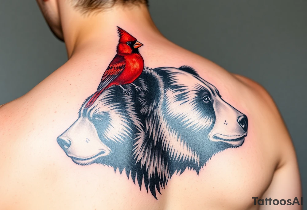 Realistic bright red cardinal perched on the shoulder of a realistic black bear.
Forearm tattoo tattoo idea