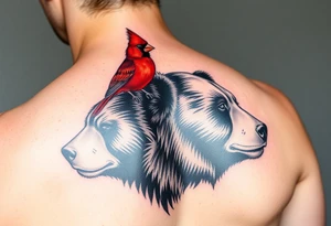 Realistic bright red cardinal perched on the shoulder of a realistic black bear.
Forearm tattoo tattoo idea