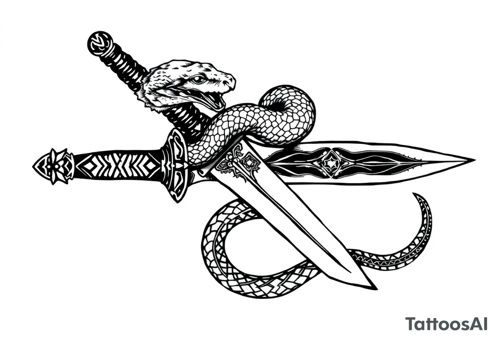 mystical snake coiled around an ancient dagger with jeweled hilt tattoo idea