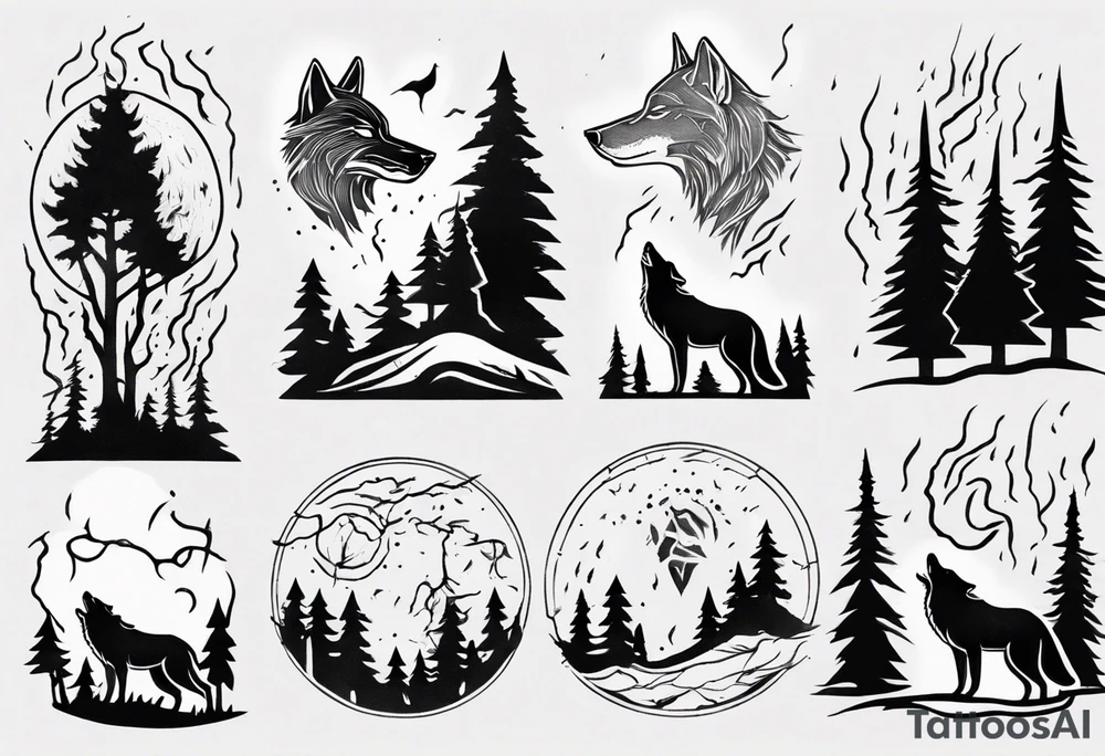a thunderstorm over a forest and a wolf howling tattoo idea a thunderstorm over a forest and a wolf howling tattoo idea
