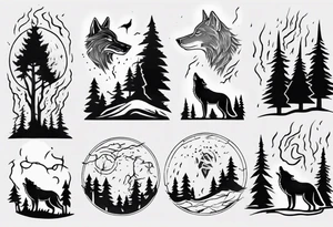 a thunderstorm over a forest and a wolf howling tattoo idea