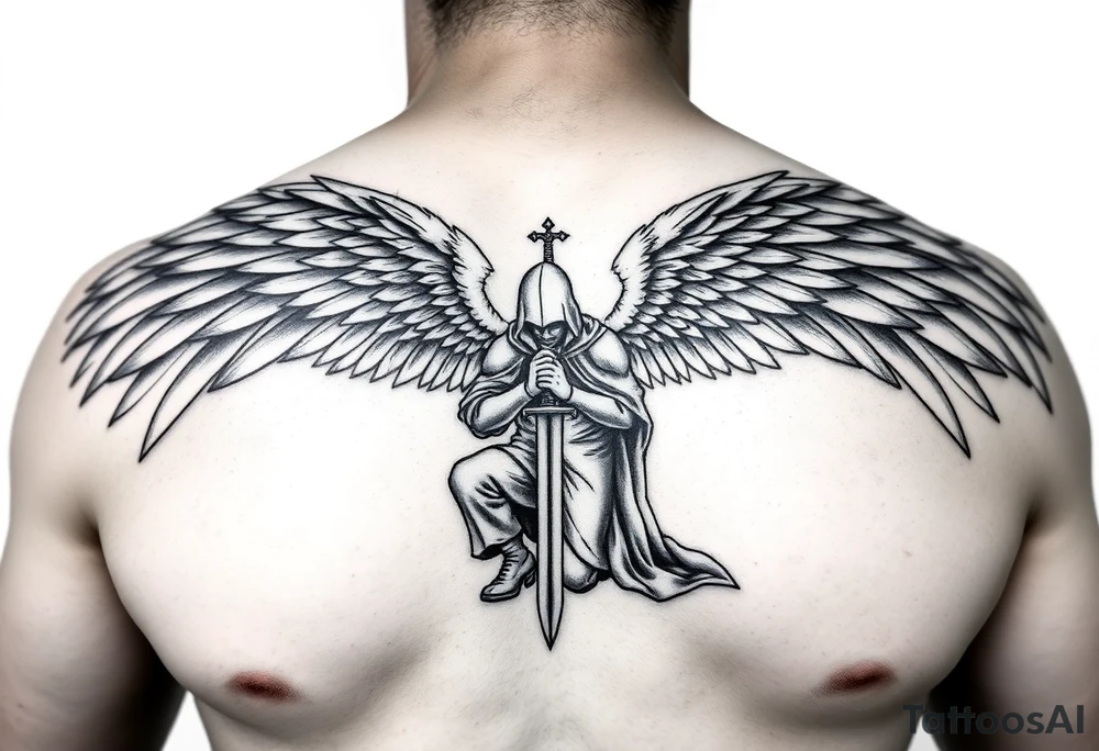 Soldier Angel with long sword kneeling looking down cloak over head wings spread tattoo idea, upper chest tattoo idea
